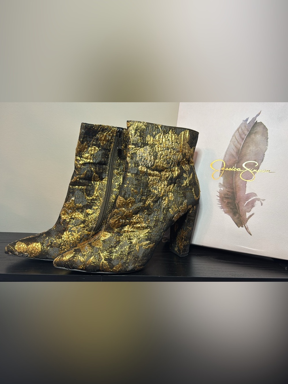 Jessica Simpson Black and Gold Brocade Ankle Booties